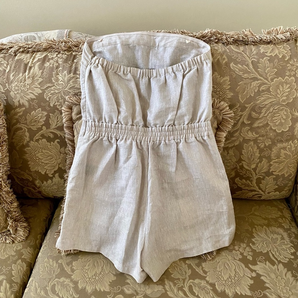 Strapless Linen-Blend Shorts Romper shimmery
